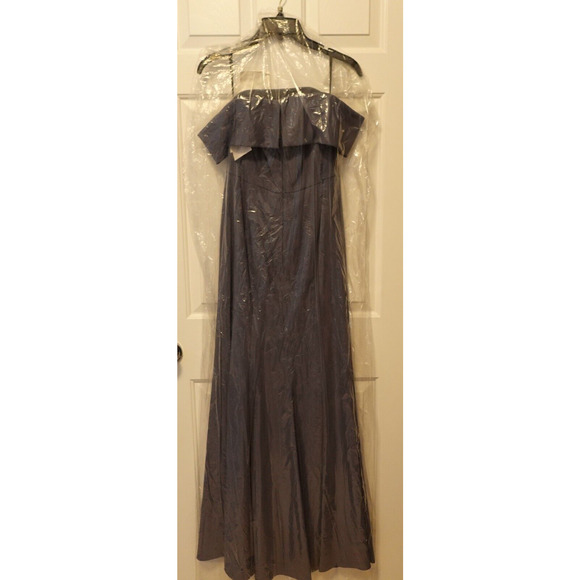 DESSY 3030 CUFFED OFF-THE-SHOULDER TRUMPET GOWN Silverstone Blue Gray Sz 18 New - Picture 6 of 7